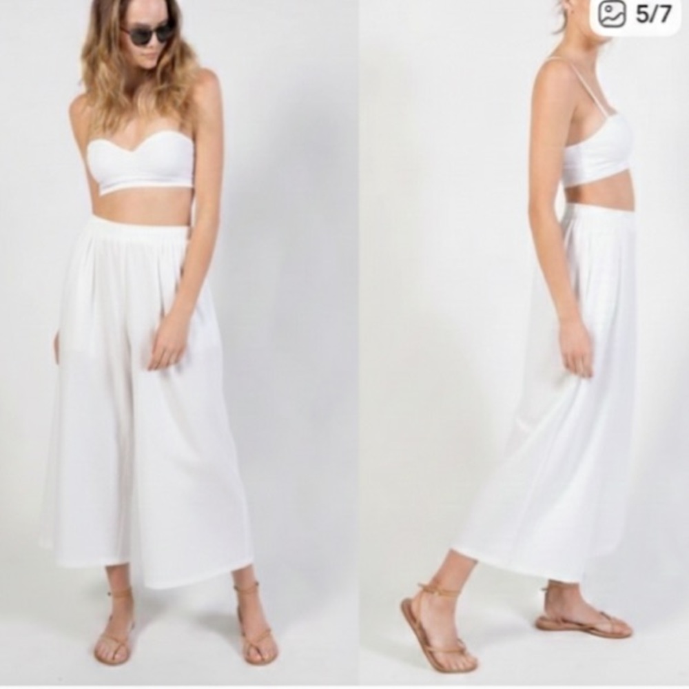 Mirth Istanbul Cropped Wide Leg Pant Cotton Flax White Size Large